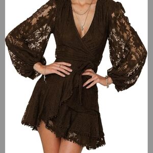 Elegant Brown Lace Wrap Dress